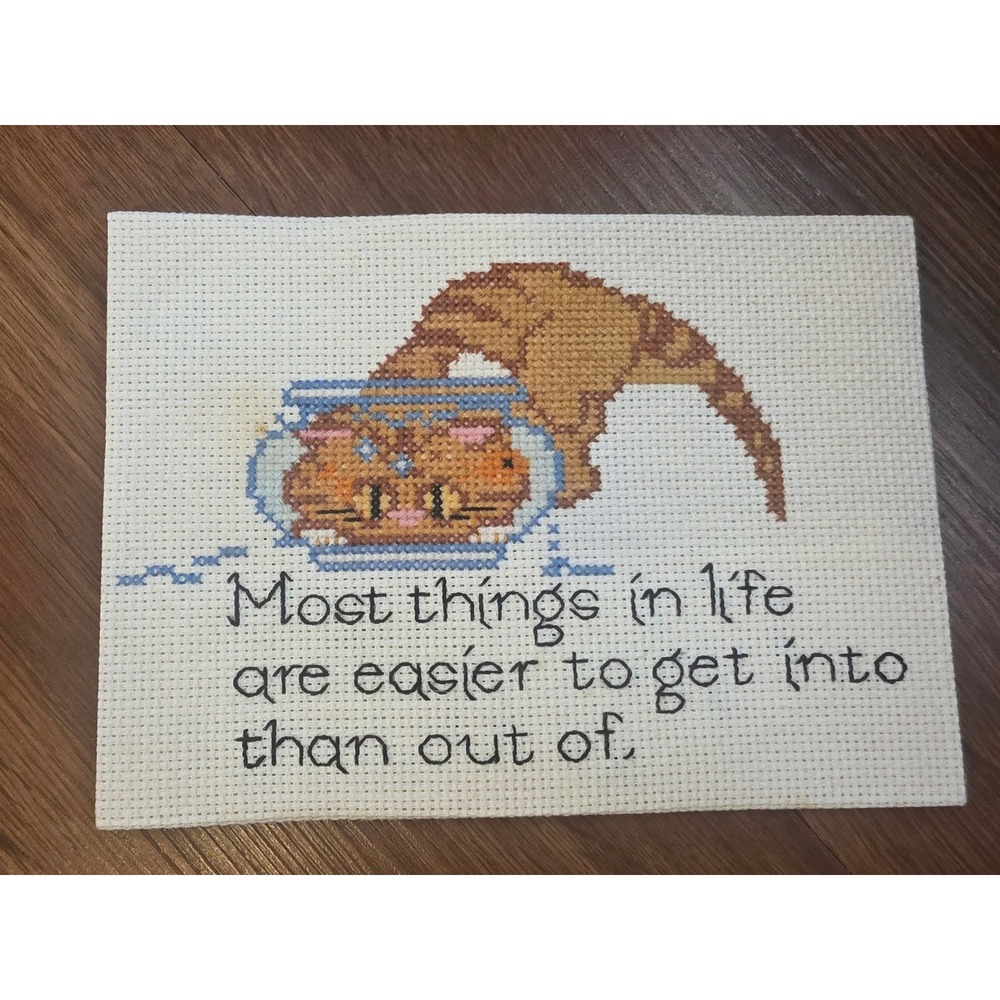 Vintage Handmade Cat Cross Stitch Wall Art Humor 5x7 Ginger Tabby Unframed